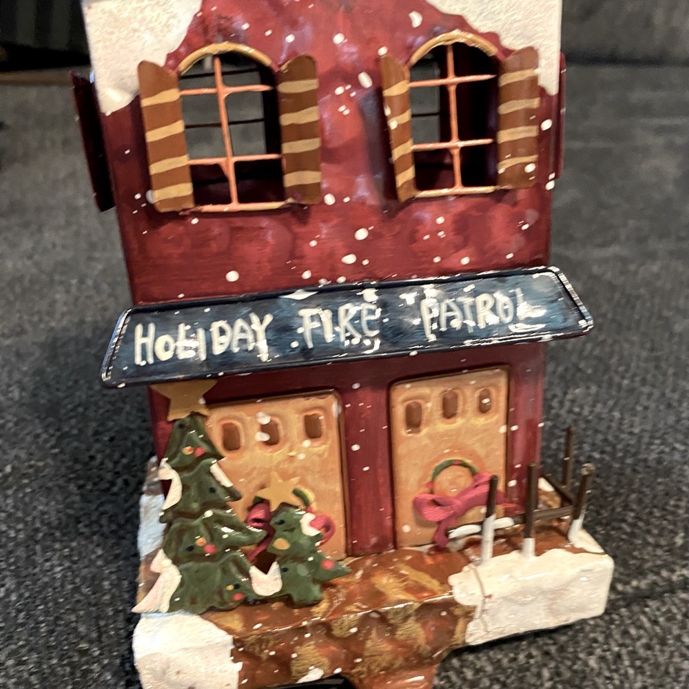 Tin Metal Metal Holiday Fire Patrol House Christmas Stocking Holder Painted vtg
